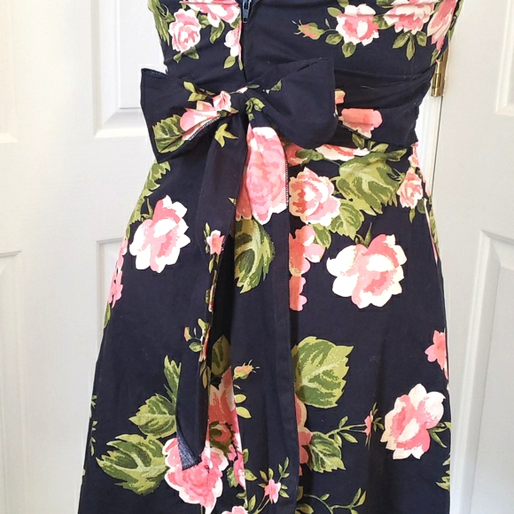 Vintage 90's Strapless Black Coral Pink Floral Dress Romantic Cottagecore | XS - Picture 10 of 12